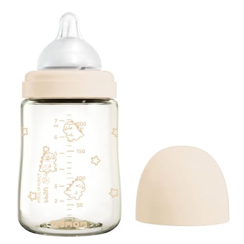 All in One Baby Bottle, BPA Free, Anti-Colic, Wide-Neck Non-Tip Stable Base, Easy to Clean Natural Baby Bottle 200ml, 6.76oz, Nipple S Level(0~3M) (Beige)