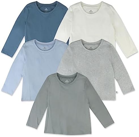 HonestBaby 5-Pack Long Sleeve T Shirts 100% Organic Cotton for Toddler, Little Kids Boys, Girls