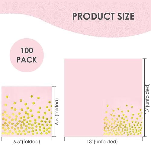 13 x 13 Inches Pink Party Napkins,Pink and Gold Paper Beverage Napkin,100 Pack Disposable Cocktail Napkins,Bar Napkins for Birthday Dinner Anniversary Wedding Party Supplies