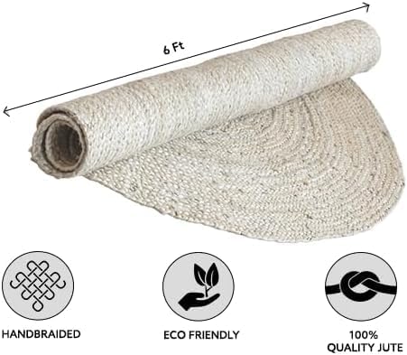 HOMEMONDE Handwoven Round Jute Rug 6ft Off White - Braided Reversible Vintage Area Rug Farmhouse Rustic and Bohemian Eco Friendly Home Décor for Bedroom, Living Room and Kitchen