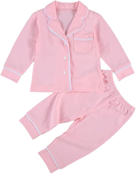 Toddler Kids Baby Girl Solid Pjs Ruffle Long Sleeve Button Shirt Top and Pants Cotton 2Piece Pajamas Set