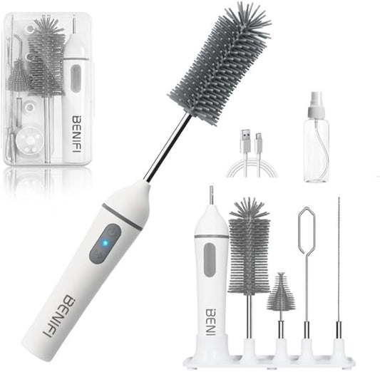 Travelling Electric Bottle Brush Set, Baby Bottle Brush Set, Long Handle Bottle Brush, BPA Free Silicon Bottle Brush, Storage Stand, Milk Mixer, Egg Whisk Included (Gray, Normal)