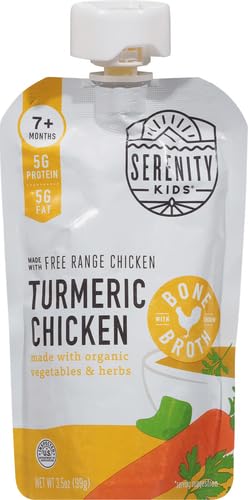 Serenity Kids Bone Broth Puree Made With Organic Veggies | Clean Label Project Purity Award Certified | 3.5 Ounce BPA-Free Pouch | Pasture Raised Turmeric Chicken | 1 Count (Pack of 2)