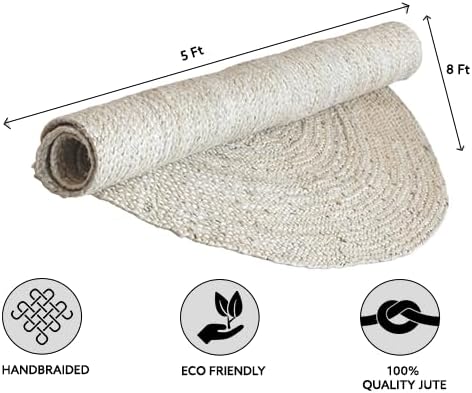 HOMEMONDE Oval Jute Area Rug - 5x8 ft - Off White Hand Woven Natural Fiber - Farmhouse Rustic Rugs for Living Room, Bedroom, Dining Room, Hallway, Office