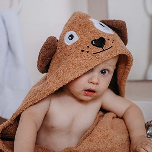 Hooded Baby Towel for Kids 2-8 | Large 100% Cotton Baby Towel for Girls or Boys in Brown | Unisex Cute Puppy Dog Bath Towels for Babies and Toddlers
