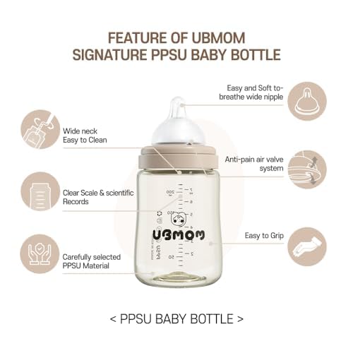 All in One Baby Bottle, BPA Free, Anti-Colic, Wide-Neck Non-Tip Stable Base, Easy to Clean Natural Baby Bottle 200ml, 6.76oz, Nipple S Level(0~3M) (Beige)