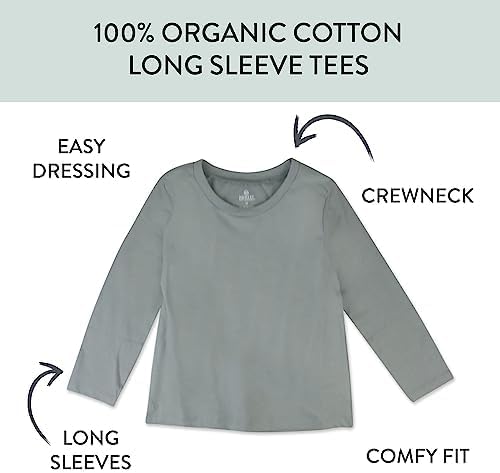 HonestBaby 5-Pack Long Sleeve T Shirts 100% Organic Cotton for Toddler, Little Kids Boys, Girls