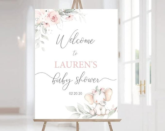 Baby Shower Welcome Sign, Elephant Baby Shower Welcome Sign, Baby Shower Sign, Baby Boy Shower Yard Sign, Elephant Greenery Blush Pink Shower Sign, OHG