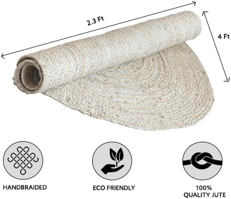 HOMEMONDE Reversible Oval Jute Area Rug - Hand Woven Natural Fiber - Farmhouse Braided Rugs for Entryway/Front Door/Porch/Meditation Mat/Home Decor (2.3 x 4 ft, Off White)