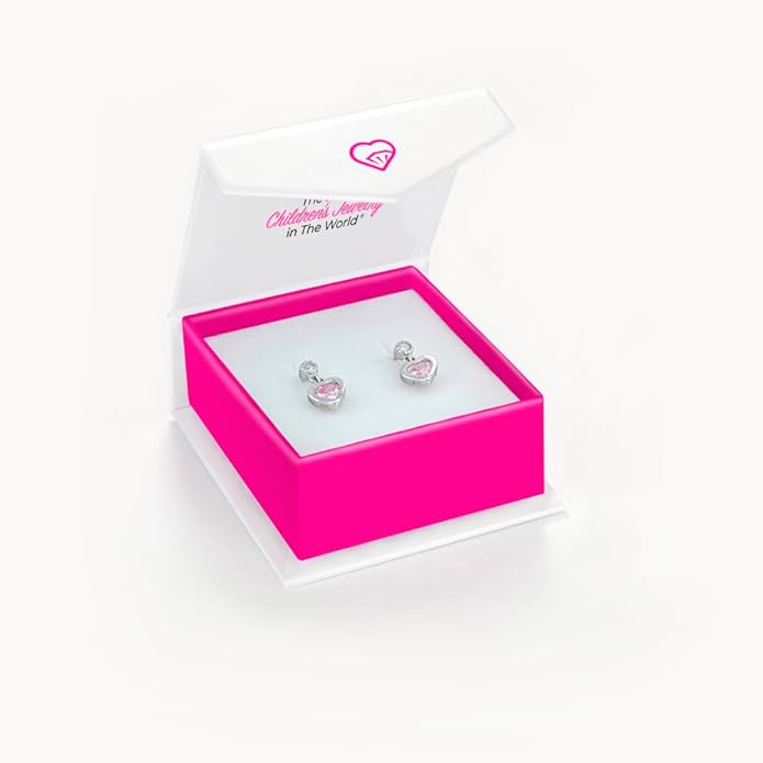 925 Sterling Silver Dangle Cubic Zirconia Heart Safety Screw Back Earrings For Young Girls -Heart Dangle Earrings With Security Backs For Young Children