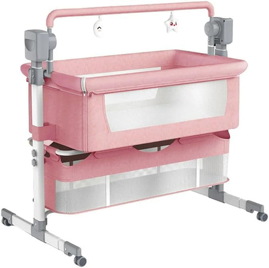 Electric Bluetooth Smart Next to Me Crib, Bassinet Cradle with Lullaby Music, Baby Bedside Crib for Newborn, Baby Co-Sleeper Cot with Mattress, Remote and 5 Swaying Gears (MG601-Pink)