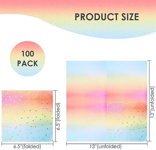 13X13 Inch Pink and Gold Napkins,Pink Rainbow Disposable Cocktail Paper Napkins for Women Birthday Wedding Rainbow Party Supplies