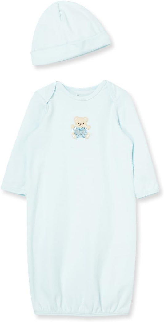 Little Me Clothes for Baby Boys' 2-Piece Nightgown and Cap Set 100% Cotton with Elastic Bottom, Baby Essentials, 0-3 Months