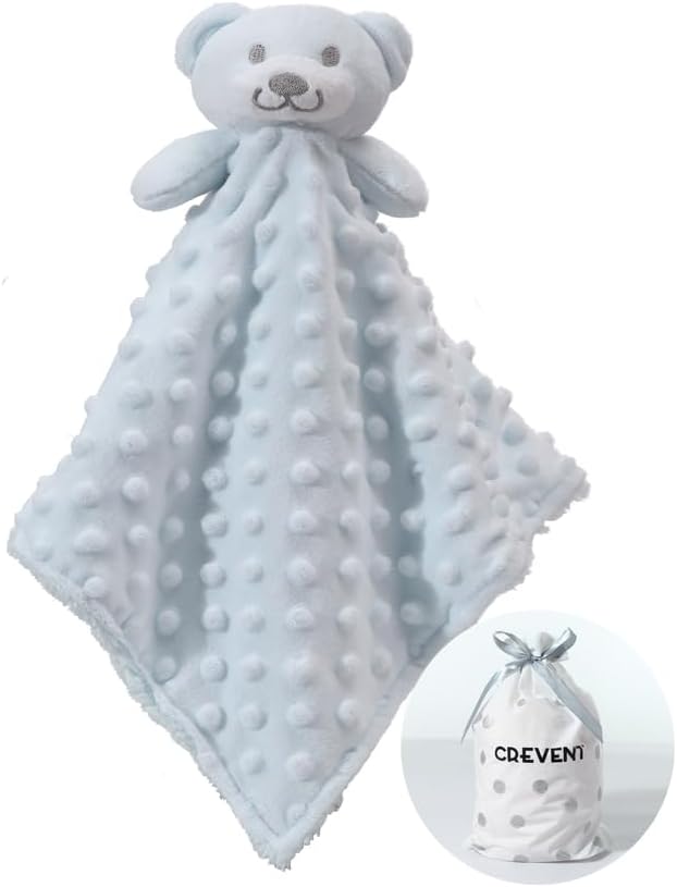CREVENT Cozy Plush Baby Security Blanket Loveys for Baby Boys, Minky Dot Front + Sherpa Backing with Animal Face (Blue Bear)