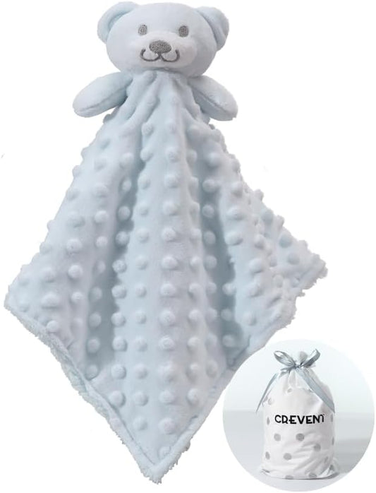 CREVENT Cozy Plush Baby Security Blanket Loveys for Baby Boys, Minky Dot Front + Sherpa Backing with Animal Face (Blue Bear)