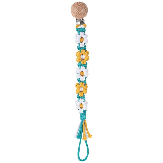 Pacifier Clip for Boys Girls Floral Daisy Macrame Baby Paci Clip Pacifier Holder Leash Boho Wooden Clips Handmade Braided Cotton Binky Clips (1pack:Yellow Daisy B)