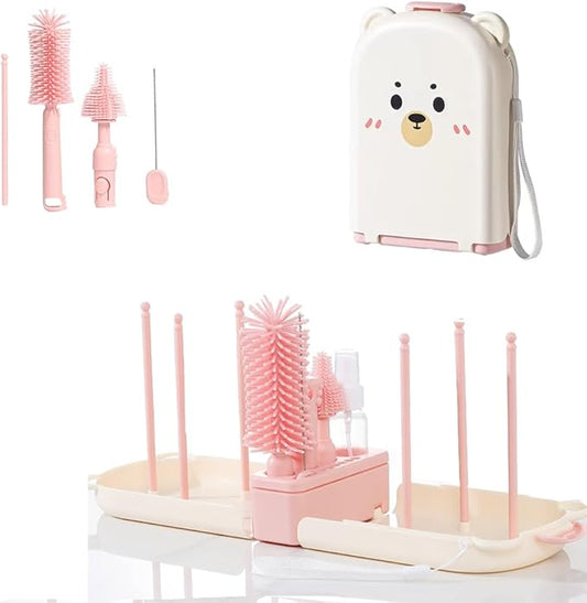 6 In1 Baby Bottle Brush Kit,Portable Silicone Bottle Brush Cleaner Set with Straw Brush,Nipple Brush,Drying Rack,Soap Dispenser,Storage Bag for Travel or Home (Pink)