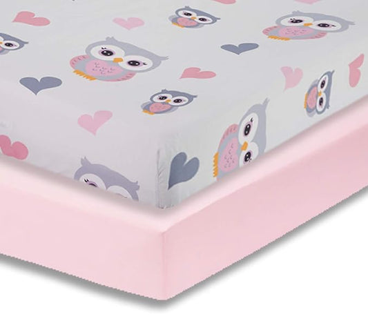 Everyday Kids 2 Pack Fitted Girls Crib Sheet, 100% Soft Breathable Microfiber Baby Sheet, Fits Standard Size Crib Mattress 28in x 52in, Nursery Sheet - Sweet Owls/Pink