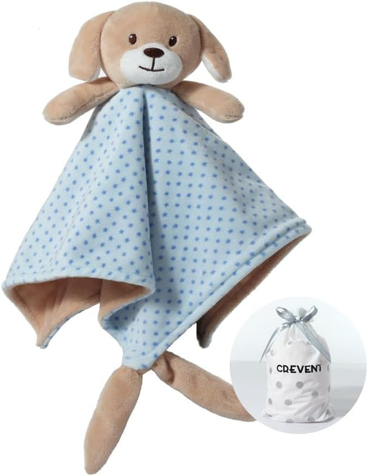 CREVENT Soft Plush Animal Face Security Blankets for Boys and Girls, Great Gifts for Birthday Baby Shower (Blue Dog)
