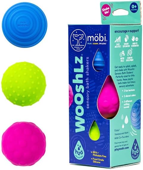 Mobi Wooshlz Bath Shakers, Sensory Bath Balls for Toddlers, BPA-Free Silicone Baby Ball, Infant & Babies Bathtub Fun Toy with Rattle Sounds & Textures (3 Pack)