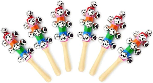 6Pcs Wooden Jingle Hand Bells,Rainbow Handle Wooden Bells Jingle Stick Shaker Rattle Baby Kids Children Musical Toys