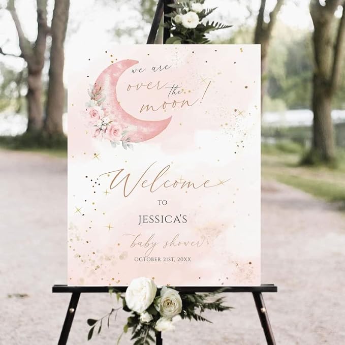LJGL24 Pink Floral Welcome Poster, Baby Shower Sign with Twinkle Little Star, Outdoor Party Yard Sign