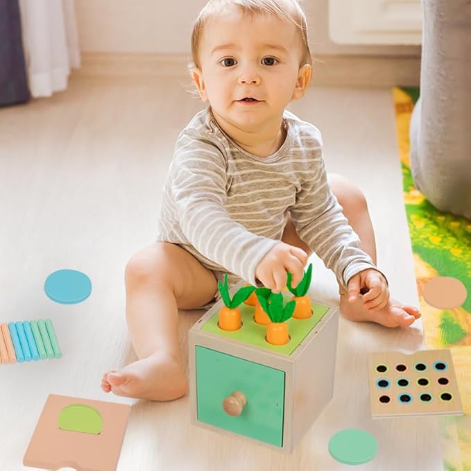 Adena Montessori Play Kit for 13-18 Month Baby,8 in 1 Toy,Colorful Stacking&Nesting Cup,Coin Bank,Coins,Carrots Lid,Carrots,Posting Lid,Flexble Stacker,Bead Kit,Shape Puzzle,Pound&Tap Hammer Bench