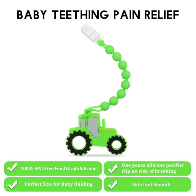 Baby Food Grade Silicone Tractor Truck Teether Toy with One Piece Design Pacifier Clip Holder,Teething Pain Relief Toys Gift Set for 3 Months+ Boys and Girls,Freezer Safe,BPA Free. (Green)