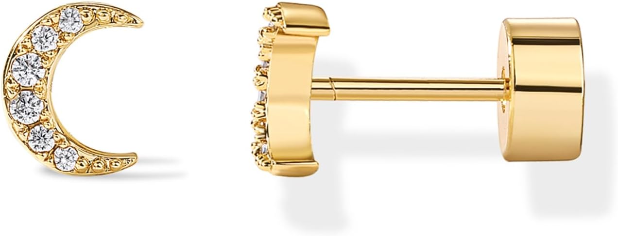 PAVOI 14K Gold Plated Dainty Flat Back Earrings for Women - Hypoallergenic Sterling Silver Posts Helix Cartilage Piercing Jewelry - Emoji Motif Bow Celestial Flatback Gold Stud Earrings Screw Back