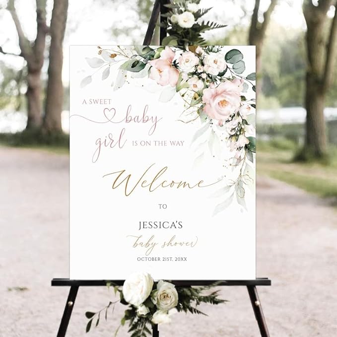 Welcome Sign for Baby Shower - Pink Floral Girl Shower Poster - Blush Pink Welcome Sign LJGL11