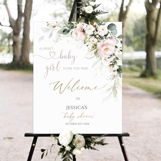 Welcome Sign for Baby Shower - Pink Floral Girl Shower Poster - Blush Pink Welcome Sign LJGL11