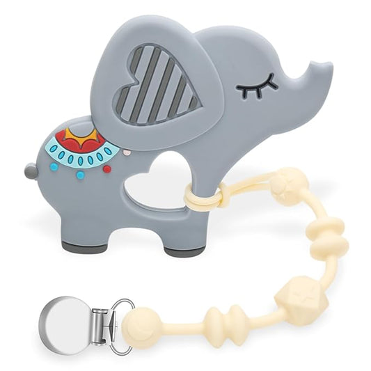 Baby Teething Toys for Babies, Elephant Teether Pain Relief Toy with One Piece Design Pacifier Clip Holder Set, Freezer Safe Neutral Shower Gift for Boys and Girls (Gray)