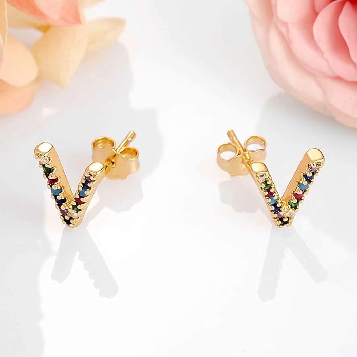 Memorjew Initial Stud Earrings for Women, Hypoallergenic 925 Sterling Silver Post Rainbow Cubic Zirconia Gold Plated 26 Initial Earrings for Women Jewelry Gifts