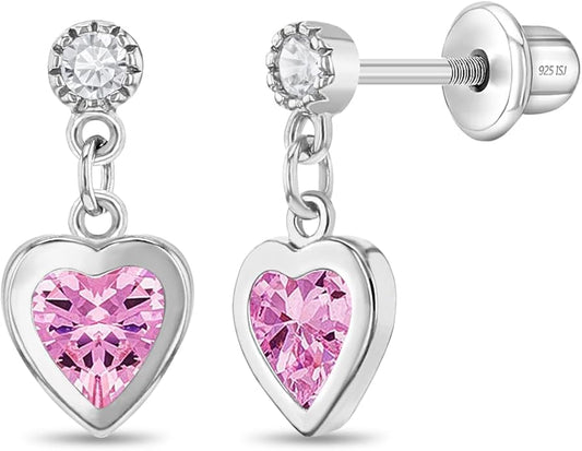 925 Sterling Silver Dangle Cubic Zirconia Heart Safety Screw Back Earrings For Young Girls -Heart Dangle Earrings With Security Backs For Young Children