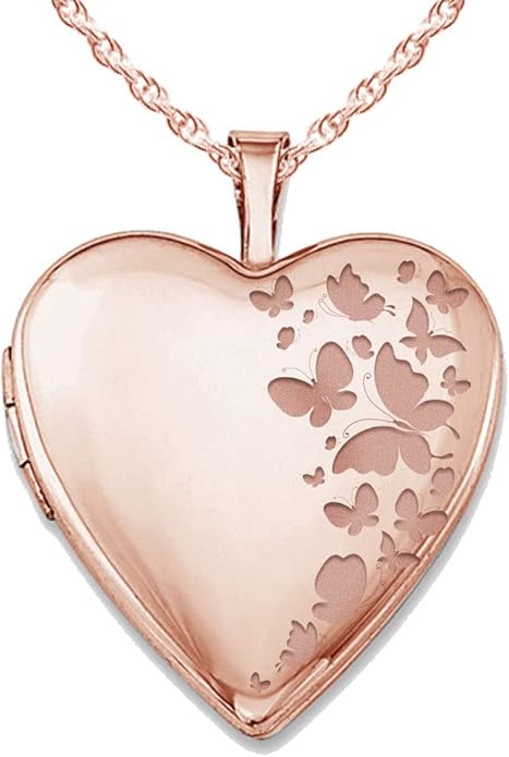 PicturesOnGold.com Personalized Heart Shaped Butterflies Photo Locket Necklace - 3/4 inch x 3/4 inch - Includes 18 inch Chain - Custom Engraved Picture Locket Necklace for Women
