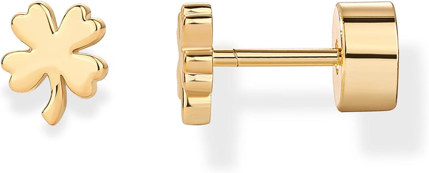 PAVOI 14K Gold Plated Dainty Flat Back Earrings for Women - Hypoallergenic Sterling Silver Posts Helix Cartilage Piercing Jewelry - Emoji Motif Bow Celestial Flatback Gold Stud Earrings Screw Back