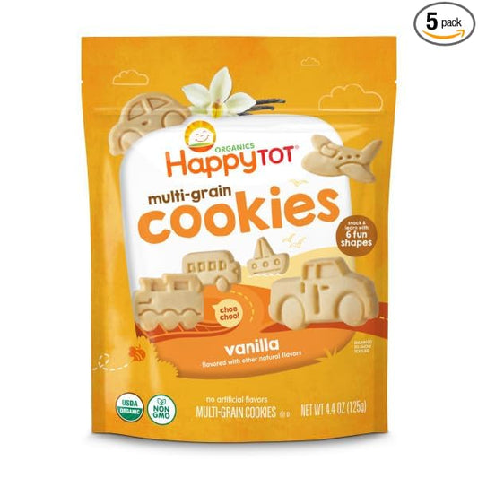 Happy Tot Organic Multi-Grain Cookies Toddler Snack, Fun Transportation Shapes, Vanilla, 4.4 Ounce (Pack of 5)