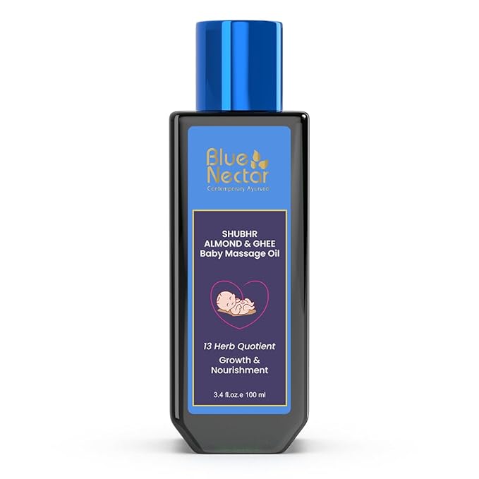 Blue Nectar Ayurveda Gentle Baby Oil for Newborn Skin Care -Moisturizing Baby Massage Oil for Dry Skin &Scalp Moisturizer| Soothing with 100% Natural Coconut Oil & Organic Ghee (13 Herbs, 3.38 Fl Oz)