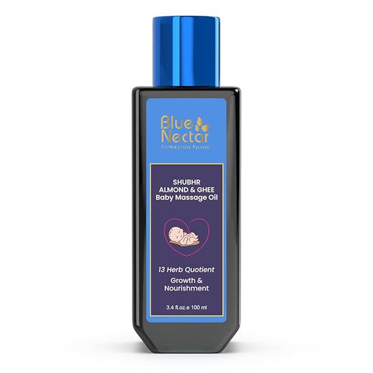 Blue Nectar Ayurveda Gentle Baby Oil for Newborn Skin Care -Moisturizing Baby Massage Oil for Dry Skin &Scalp Moisturizer| Soothing with 100% Natural Coconut Oil & Organic Ghee (13 Herbs, 3.38 Fl Oz)