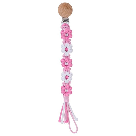 Pacifier Clip for Boys Girls Floral Daisy Macrame Baby Paci Clip Pacifier Holder Leash Boho Wooden Clips Handmade Braided Cotton Binky Clips (1pack:Pink Daisy A)