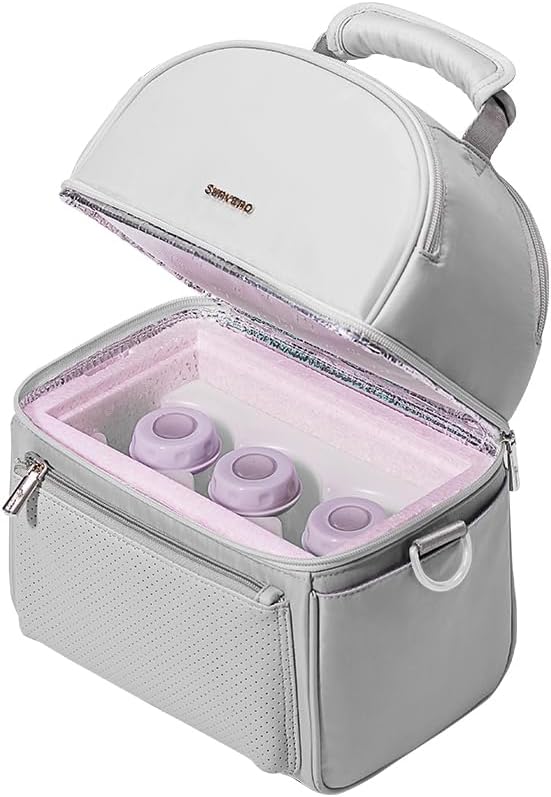 Sunveno Breastmilk Cooler Bag with 2 Ice Packs & Detachable EPP Insulation Box, 15-Hour Cold Retention Foil-Lined Leak-Proof Tote Fits 3 baby Bottles for On-The-Go Pumping Moms, Daycare & Travel,Grey