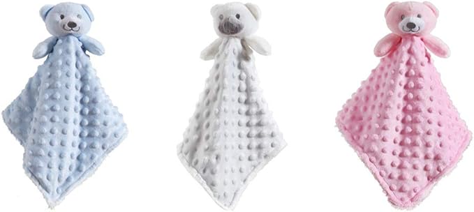 CREVENT Cozy Plush Baby Security Blanket Loveys for Baby Boys, Minky Dot Front + Sherpa Backing with Animal Face (Blue Bear)