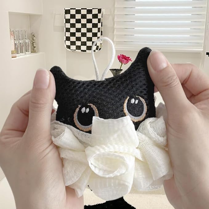 Cute Unicorn Kids Bath Loofahs Balls for Baby Girls Boys Mesh Shower Ball Pouf Exfoliating Bath Sponge Body Cleaner Bath Accessories (Black cat)