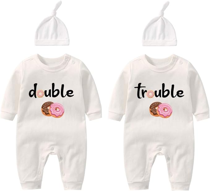 YSCULBUTOL Baby Twins Bodysuits Funny Double Trouble Cute Girl Romper Twin Jumpsuits Hat Set