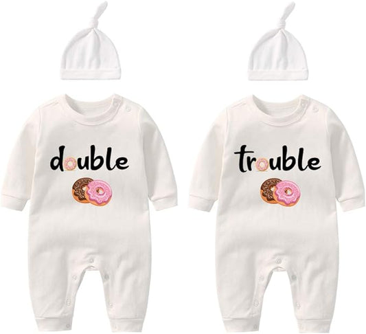 YSCULBUTOL Baby Twins Bodysuits Funny Double Trouble Cute Girl Romper Twin Jumpsuits Hat Set