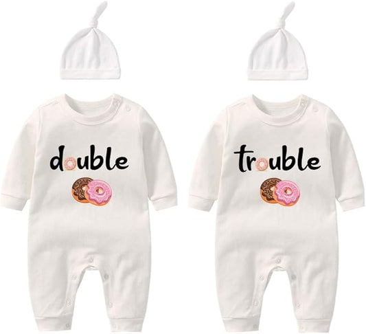 YSCULBUTOL Baby Twins Bodysuits Funny Double Trouble Cute Girl Romper Twin Jumpsuits Hat Set