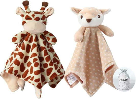 CREVENT Cozy Plush Baby Security Blanket, Loveys for Baby Girls and Boys, Birthday (Deer+Giraffe)