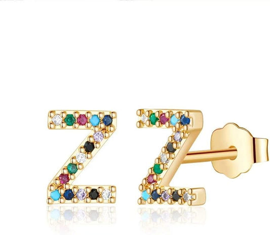 Memorjew Initial Stud Earrings for Women, Hypoallergenic 925 Sterling Silver Post Rainbow Cubic Zirconia Gold Plated 26 Initial Earrings for Women Jewelry Gifts