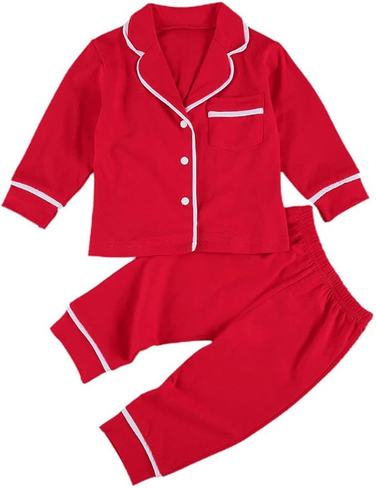 Toddler Kids Baby Girl Solid Pjs Ruffle Long Sleeve Button Shirt Top and Pants Cotton 2Piece Pajamas Set