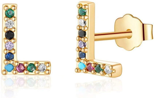 Memorjew Initial Stud Earrings for Women, Hypoallergenic 925 Sterling Silver Post Rainbow Cubic Zirconia Gold Plated 26 Initial Earrings for Women Jewelry Gifts